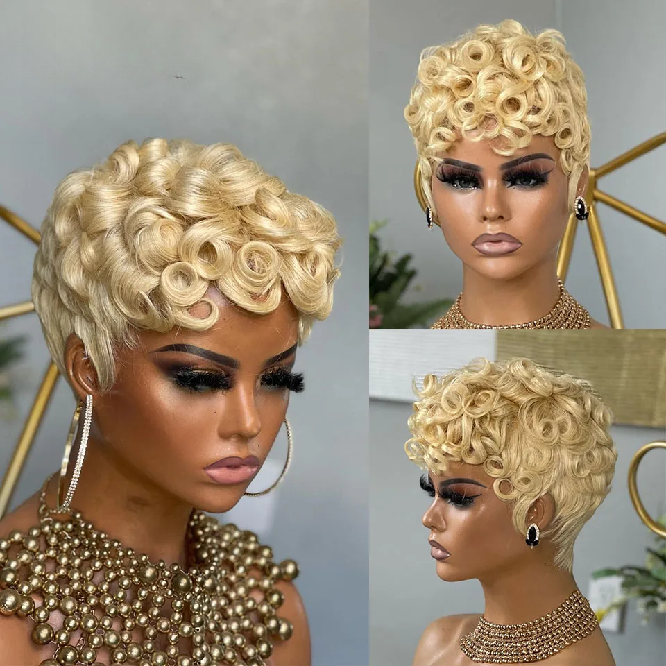 Free shipping 180density Brazlian Red /brown/ Blonde Finger Wave Wig Short Curly Full Lace Front for Women Pixie Cut Wigs Human Hair Cosplay Halloween