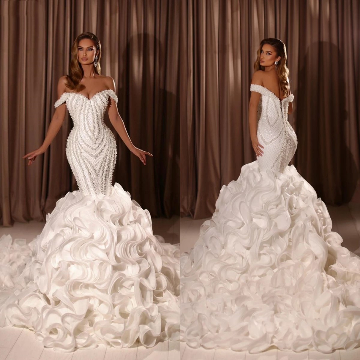 Gorgeous Mermaid Wedding Dress Off Shoulder Sleeveless Bridal Gowns Sequins Pearls Sweep Train Dresses Custom Made vestidos de novia
