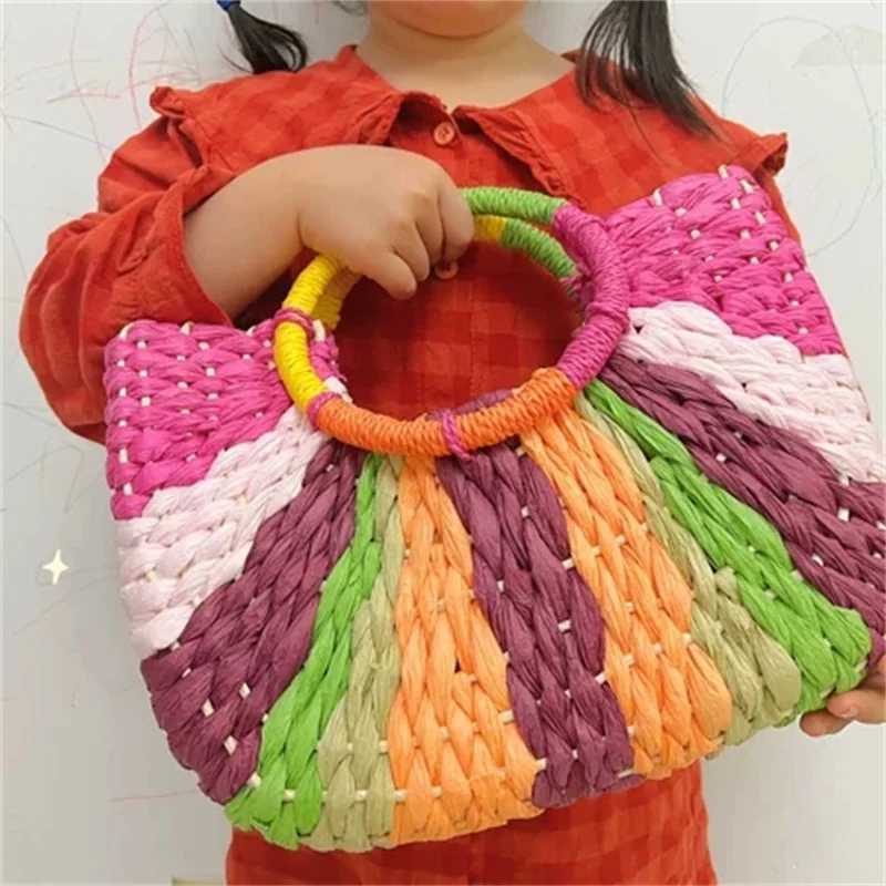 New Color Contrast Color Moon Woven Straw Bag Handbag Large-Capacity Bohemian Vacation Photo Bag