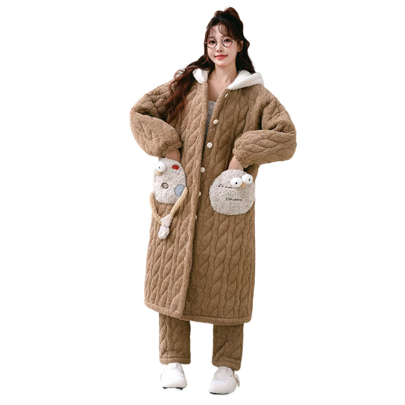 B719-Autumn and winter European and American women's home clothes nightgown long sleeve brushed milk silk pocket bathrobe pajamas women