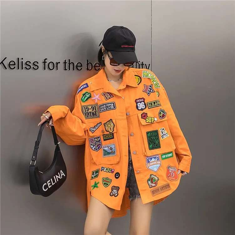 Fashion Embroidery Patches Denim Jacket Coat Women designer clothing Haruku Streetwear Hip Hop Trend Loose Jean Jackets Outerwear