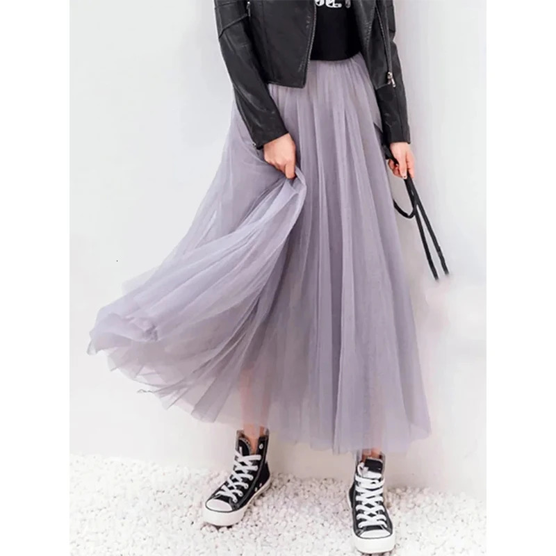 Vintage Tulle Skirt Women Streetwear Elastic High Waist Mesh Pleated Skirts Summer Elegant Korean A Line Office Ladies Skirt 250224