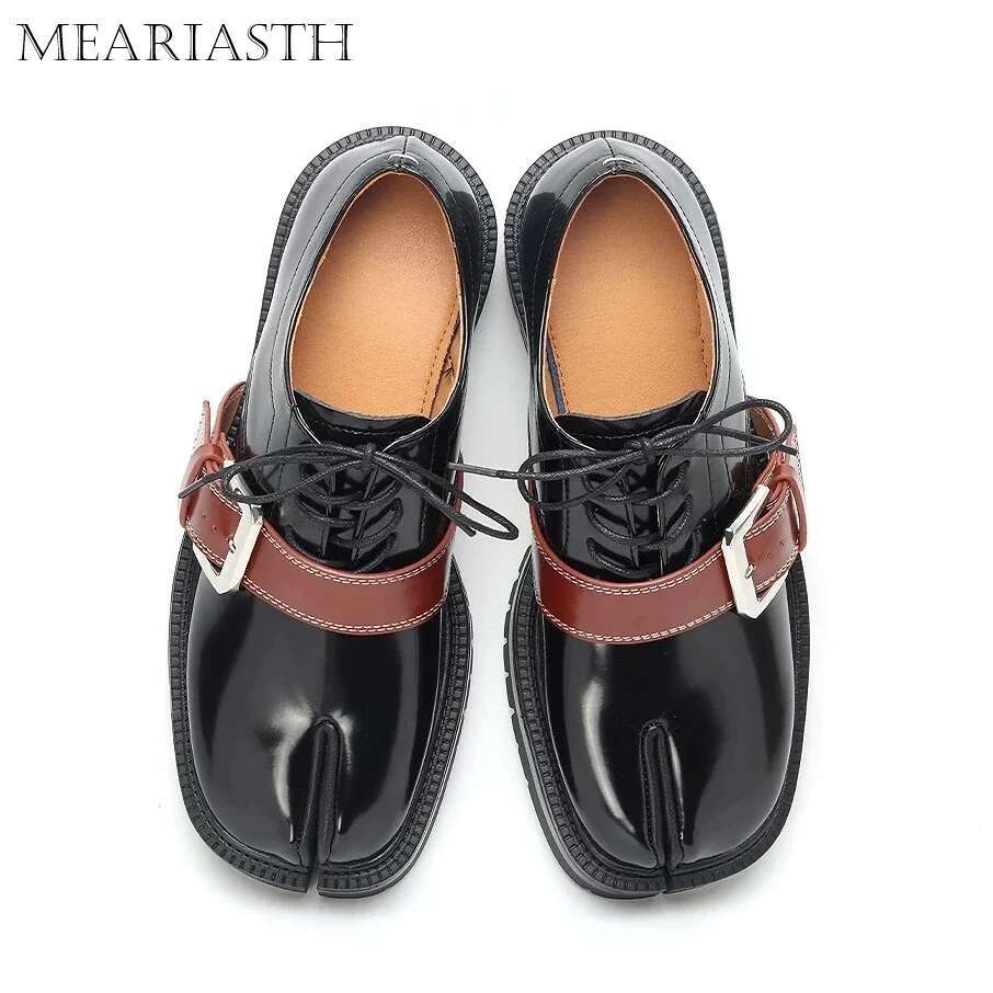 Size 46 Chunky Tabi County Combat Loafers Men Women Tabis Shoes Footwear Leather Lug Sole Black Split Toe Flats With Belt 2024