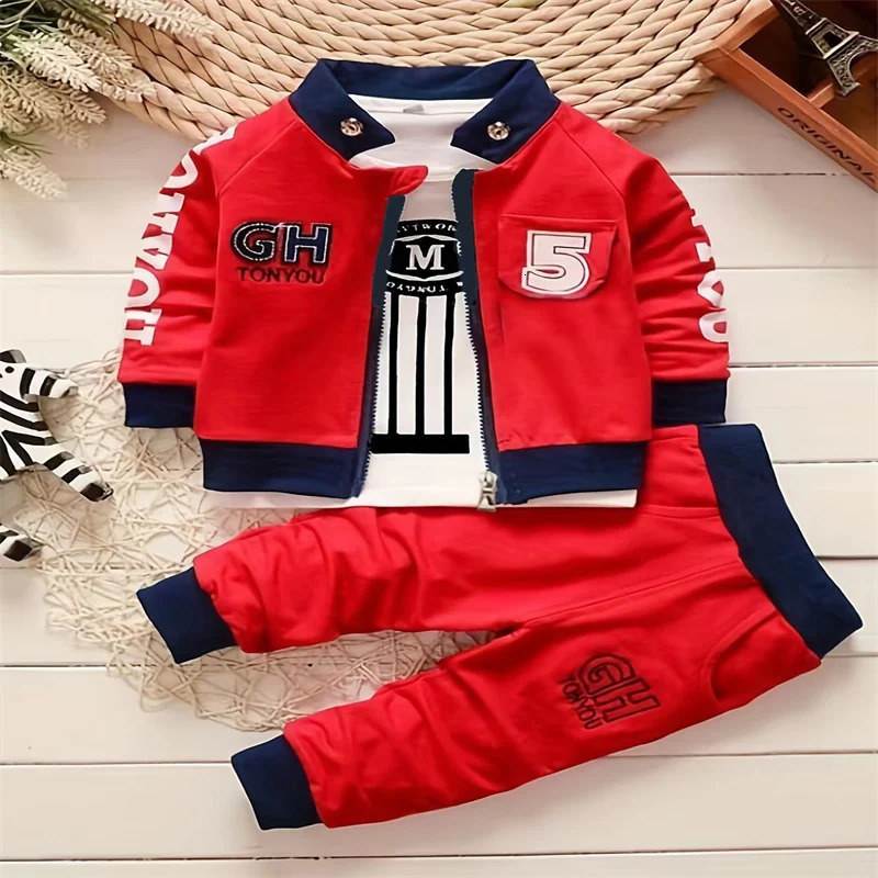 Autumn toddler boy 5th coat loose suit printed cotton long sleeveprinted V-neck letter zipper coatcasual sweatpants 3Pcs suit 250224
