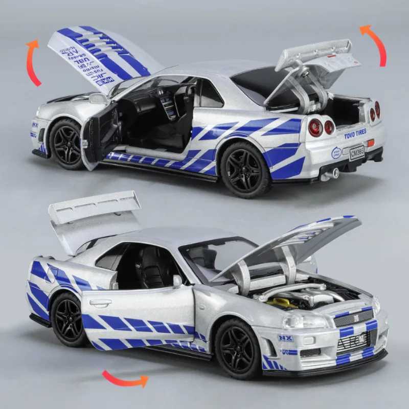 1 32 Nissan Skyline Ares GTR R34 Alloy Sports Die Casting and Toy Racing Car Model Silation Sound Light Childrens Gift Free shipping