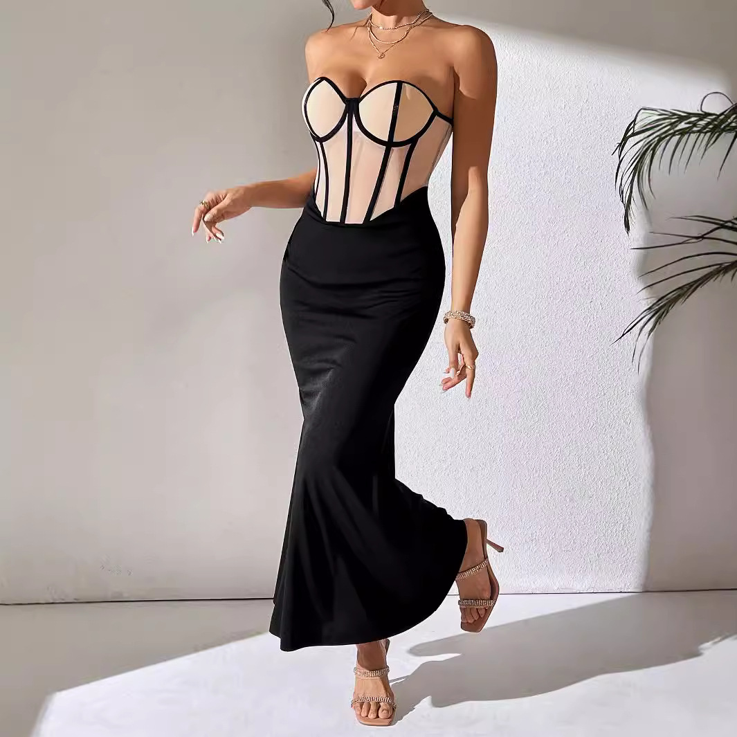 P31150 Casual Apricot Mesh Black Hip French Long Skirt Party