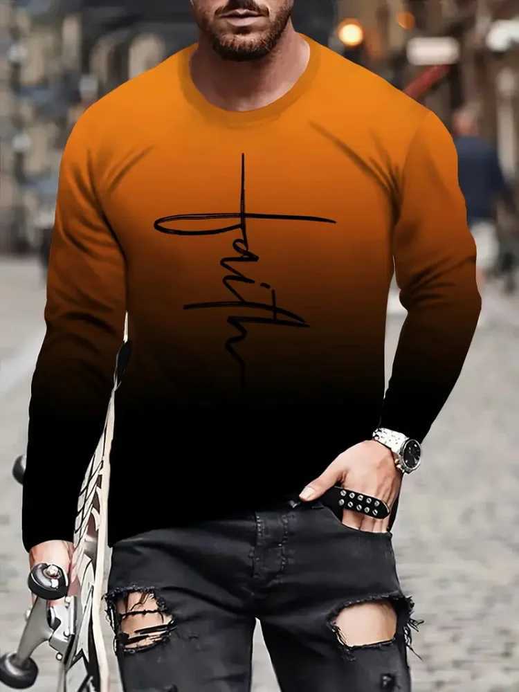 Fashion Trend Mens Crew-neck Long Sleeves Cross 3D Printed Mens Casual Pullover T-shirt Casual All-match Mens Top S-5XL W250224