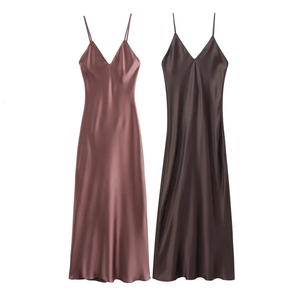 TRAFZA Women Sexy Stain Long Dress Thin Strap Backless Slim Fashion Glamorous Nightwear 250222