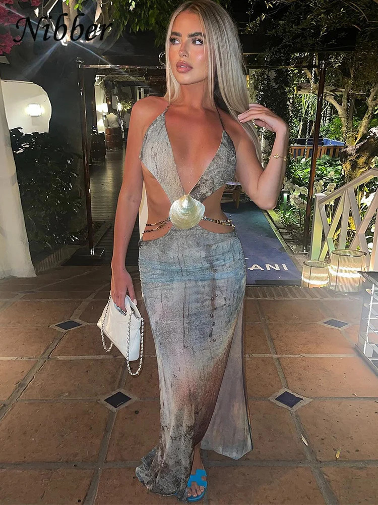 Nibber Pearl Shells Halter Dress Women See Thorough Summer Trend Backless Waistless Deep vNeck Skinny Long Bodycon Vestidos 250222