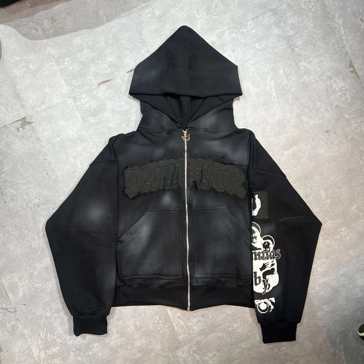 Retro Gothic Alphabet Embroidered Patch Graphics Oversized Zipper Hoodie Men's Y2K New Haruku Hip-Hop Casual Joker Street Wear