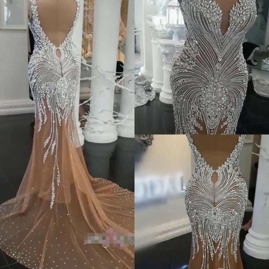 Urious Crystal Beads Wedding Dresses 2024 Mermaid Sleeveless Bridal Gowns Illusion Neck Champagne Robe De Mariage