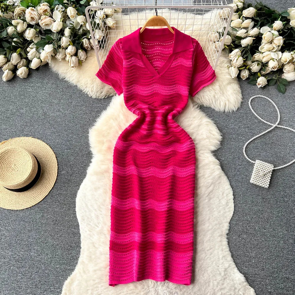 Short Sleeves Striped Long Dress Lapel Neck Hollow Out Slim Bodycon Sundress Fashion sweet Knitted Beach Midi 250222