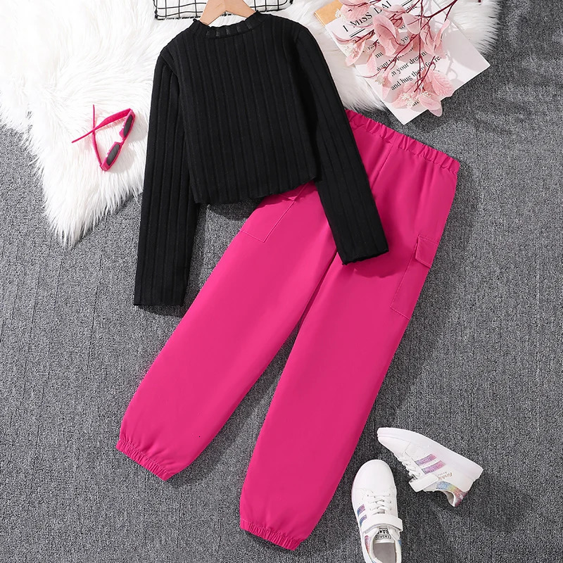Children Casual Clothing Outfits For Girls Black Pullover Hoodie And Rose Red Pants Sports Loose Comfortable Style Daily Suits 250224
