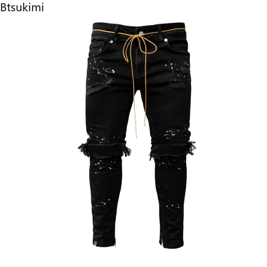 ripped hole jeans mens hip-hop cargo pants Distressed denim jeans tight fitting mens clothing full-length ultra-thin mens clothing 250219