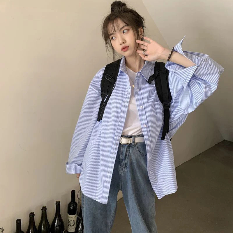 Preppy Style Long Sleeve Blue Striped Shirt Women Korean Fashion Turn Down Collar Loose Blouse Woman Harajuku Streetwear Shirt 250224