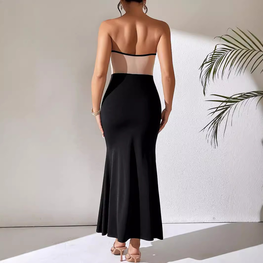P31150 Casual Apricot Mesh Black Hip French Long Skirt Party