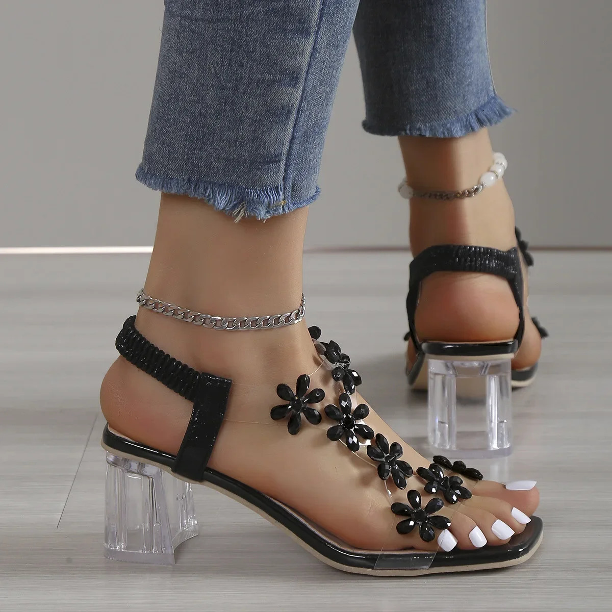 Transparent Square Heel Sandals for Woman Flash Drill Summer High Heels Fashion Womens Shoes Low Heels Sandalias Size 43 250218