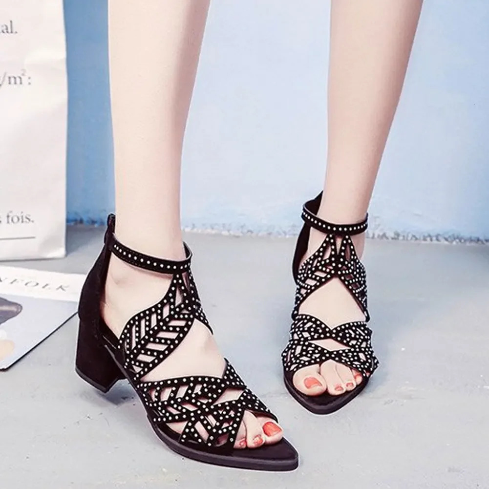 Womens Summer Hollow Artificial Leather Rhinestone Thick Heel Zipper Sandals Eur 3541 250218