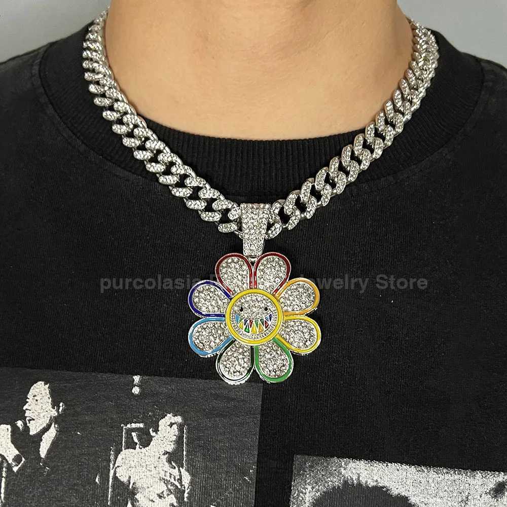 Shiny Cuban Chain Hip Hop Necklace for Men Wen Colorf Suower Pendant d Out Fl Rhinestones Accessories Jewelry X250224
