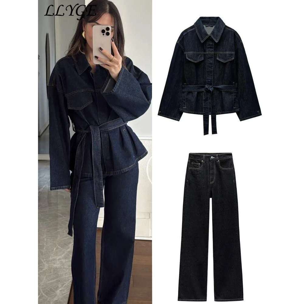 hoodie Designer Fashion Jacket Vintage Belt Denim Jacket Pants Set Women Lapel Single Breasted Jackets Pockets Straight Jeans Spring Lady Street Outfi
