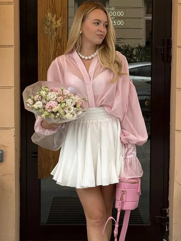 Tossy Casual Loose SeeThrough Shirts Womens Autumn Lapel Long Sleeve Patchwork Blouse Top Streetwear Female Solid 250222