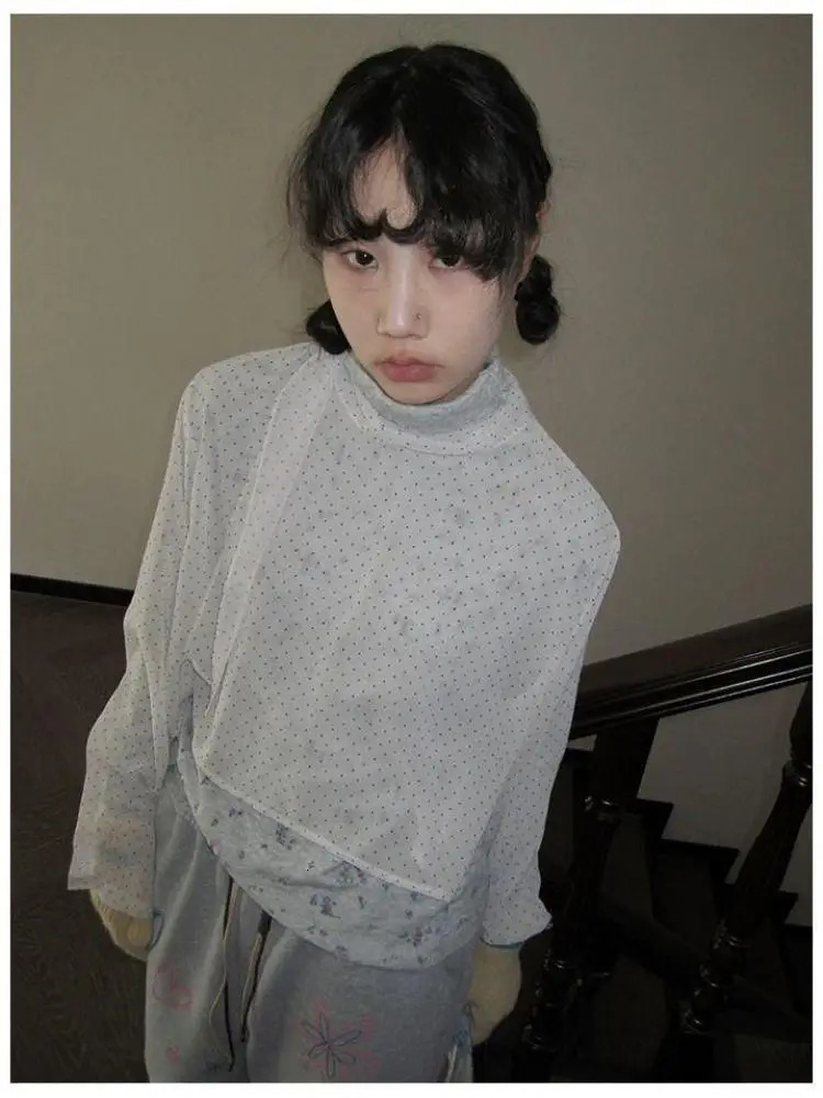 Yedinas Fairycore Polka Dot Blouse Women Sheer Crop Top Long Sleeve Korean Fashion Spring See Through Shirt Ladies Tops Y2k 250222