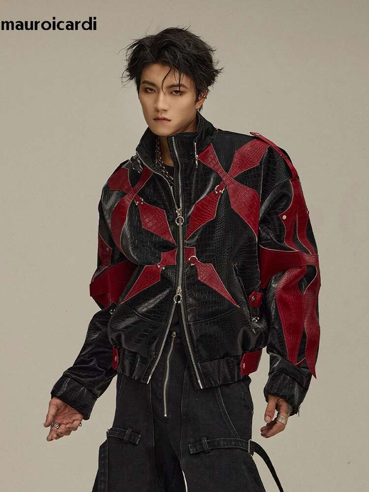 Mauroicardi Spring Autumn Cool Handsome Crocodile Print Patchwork Pu Leather Jacket Men Color Block Designer Clothes 2024