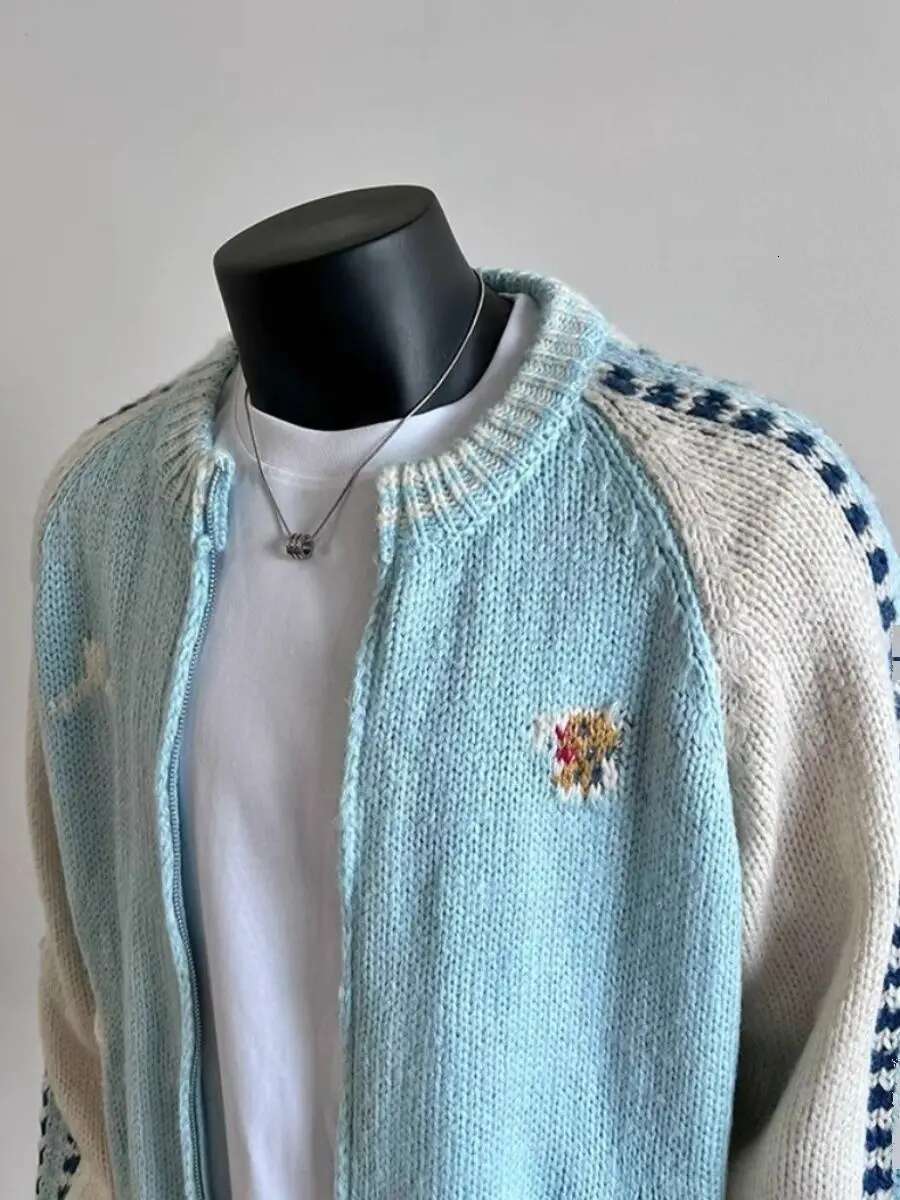 New Fashion Trend Design Knitted Wool Color-blocked Zipper Jacket Men's Winter Simple Casual Warm Couple Sweater Cardigan