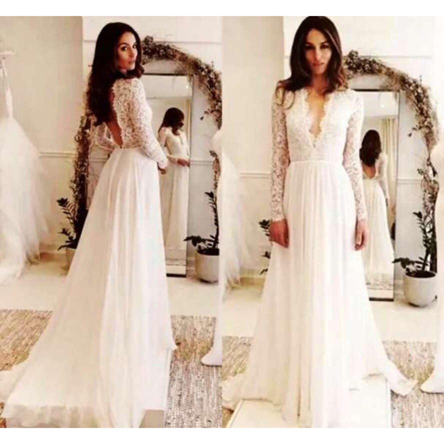 Boho 2024 Long Sleeve Lace Appliques Chiffon Wedding Gown Summer Beach Bride Dress Robe Mariage