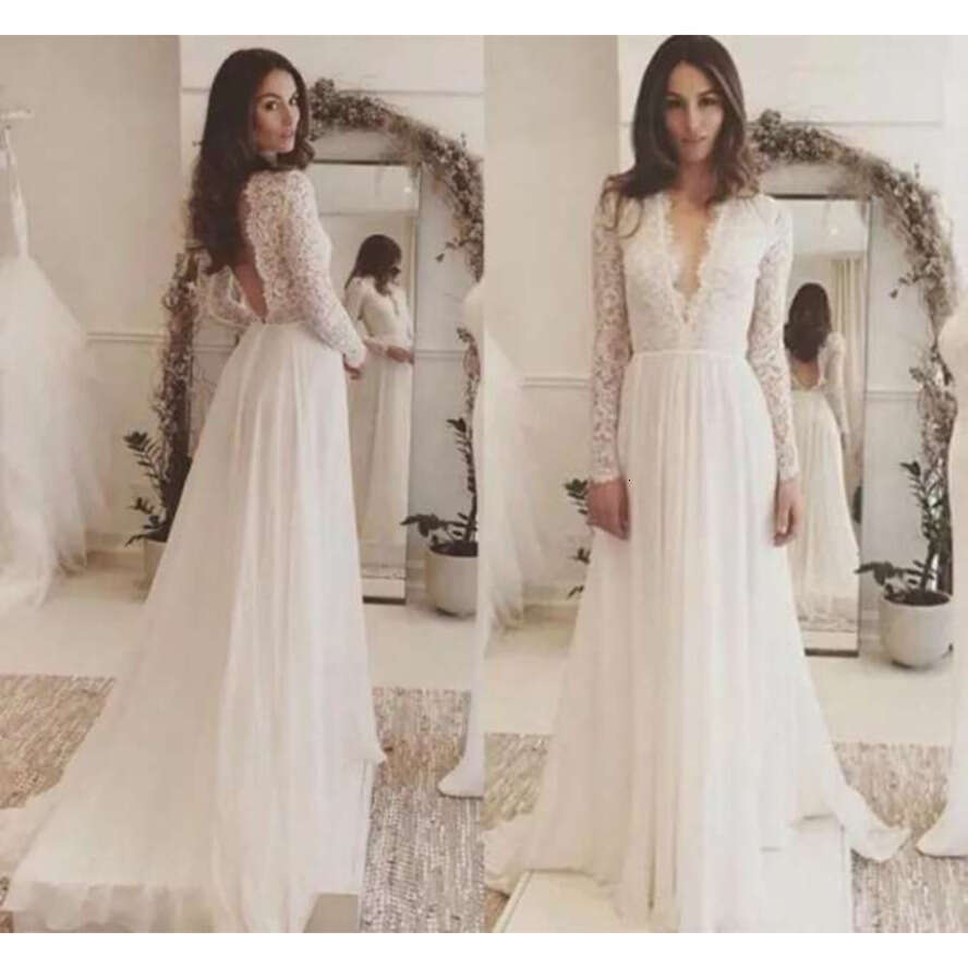 Boho 2024 Long Sleeve Lace Appliques Chiffon Wedding Gown Summer Beach Bride Dress Robe Mariage