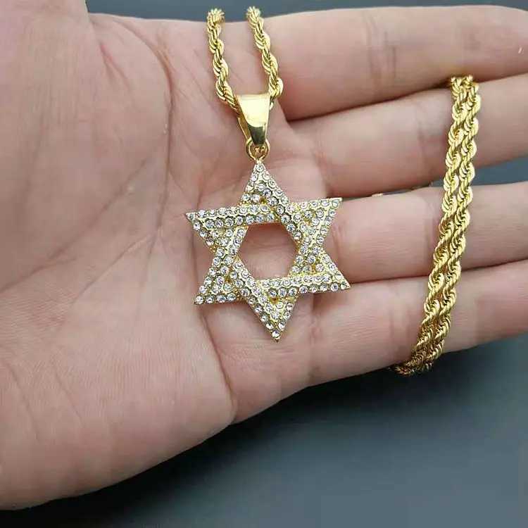 New 1pcs Hip Hop Rhinestone Gold Color Stainless Steel Necklaces Is Star Of David Hexagram Pendant Necklace For Men Rapper X250224