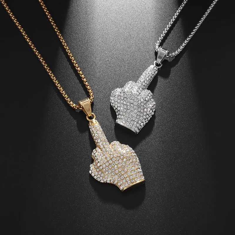 New Out Zircon Courtesy Gesture Middle Finger Pendant Necklace Mens Hip Hop Rap Cycling Jewelry Gifts X250224