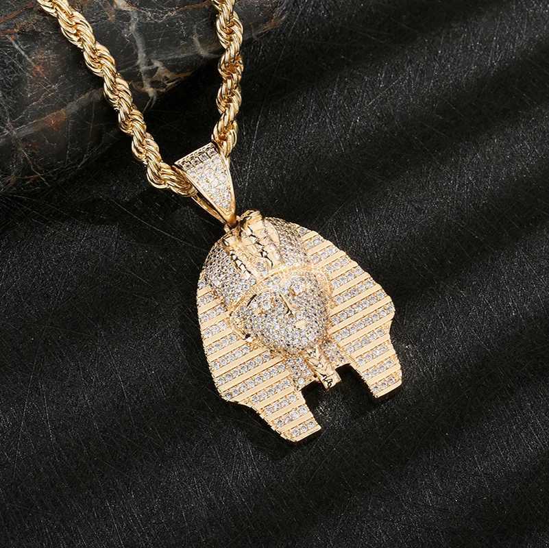 New Arrival Hip Hop 14k Gold Plated Egyptian Pharaoh Zircon copper pendant charm Necklace X250224