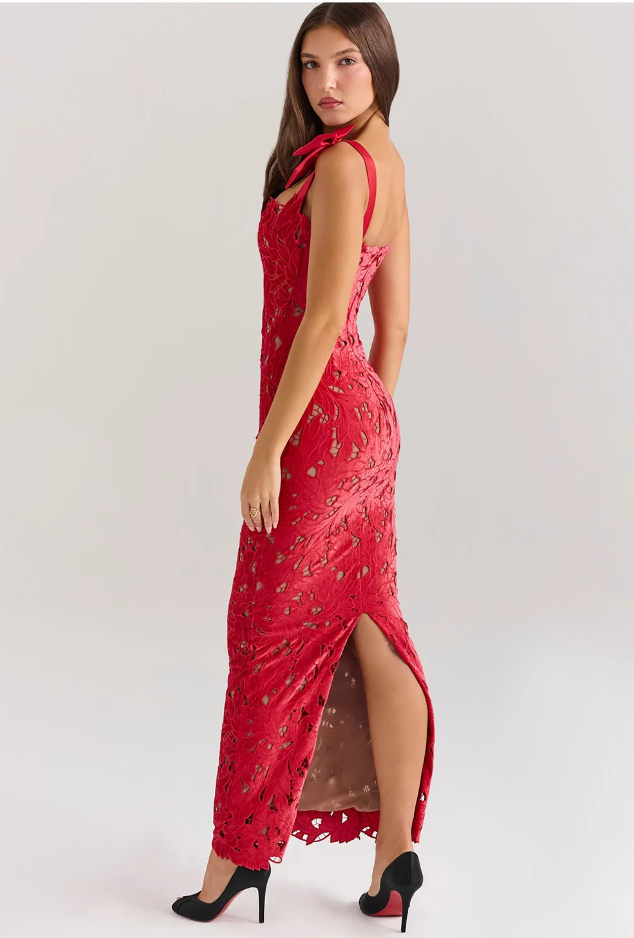 Spring Summer Fashion Women Bows Lace Sexy Maxi Dress For Backless Bodycon Birthday Club Party Sleeveless Long Dresses 250222