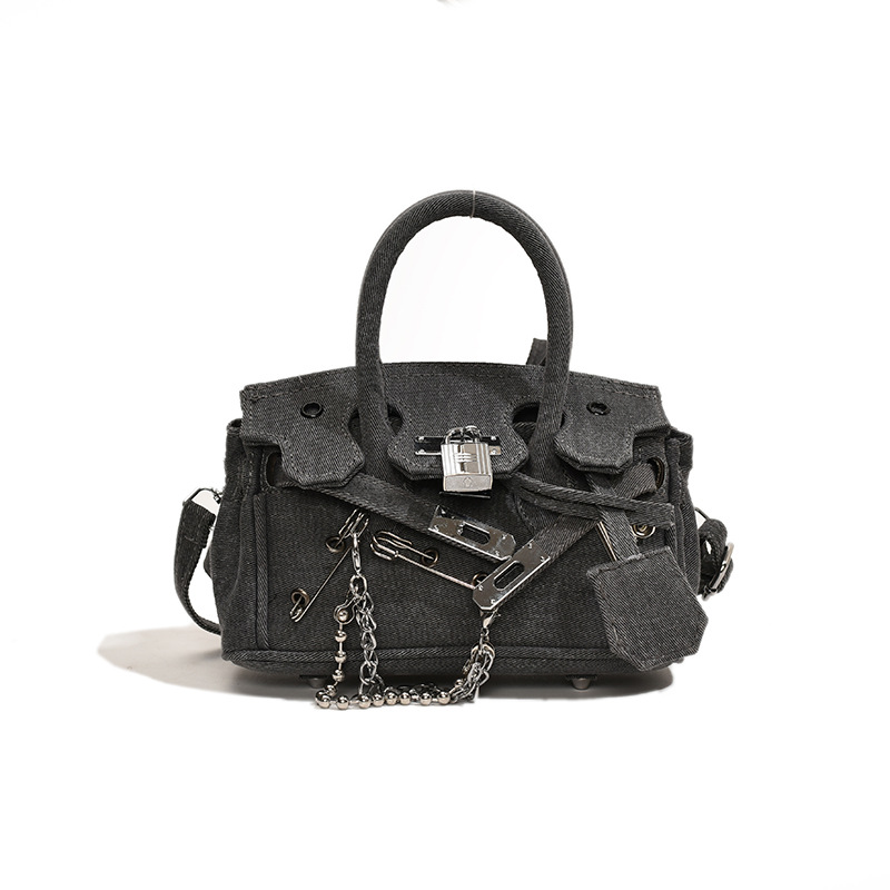 Customizable Old-Fashioned Denim Shoulder Bag with Silver Pin Buckles - Perfect for Spring & Summer