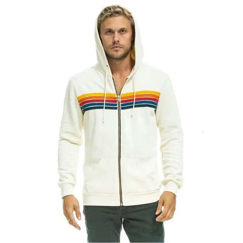 2024 Women's New Hooded Sweatshirts Casual Zipper 5 Stripe Rainbow Long Sleeve Jacket Coat