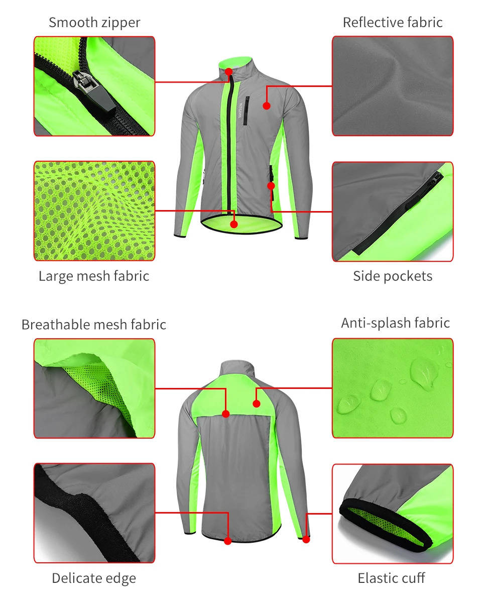 WOSAWE Ultralight Reflective Mens Bicycle Jacket Waterproof Running Windproof Machine Mixed Fluorescent Color Silver Panel 250222