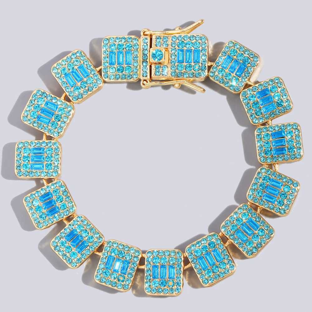 Mens shiny blue bagel tennis Cuban chain necklace mini paving square crystal d outer chain necklace hip-hop jewelry gift X250224