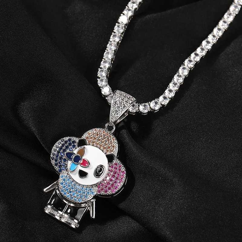 Hip Hop 5A+CZ Stone Paving Sparkling Suower Panda Clown Pendant Necklace Mens Rap Singer Jewelry Dropping Singing X250224