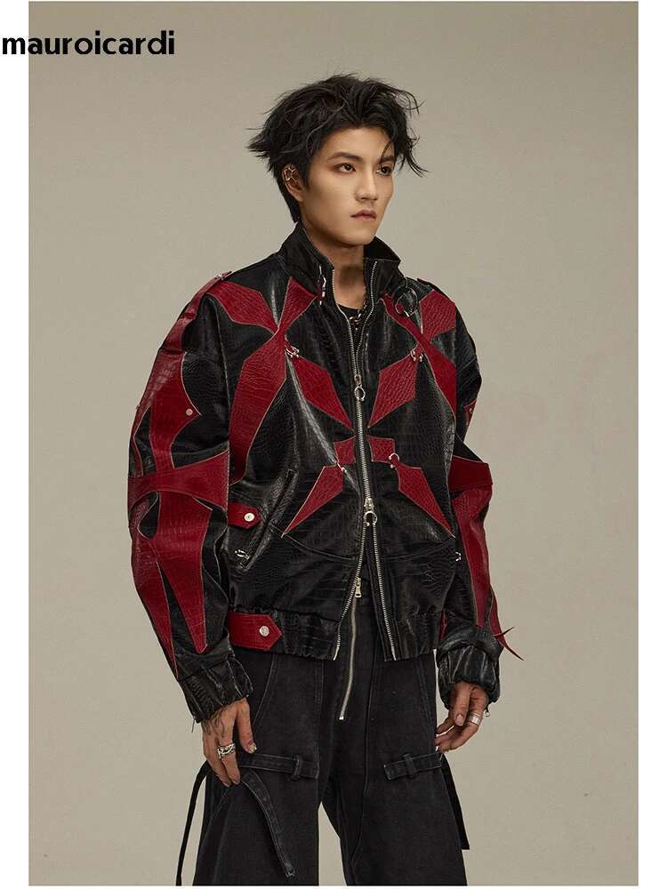 Mauroicardi Spring Autumn Cool Handsome Crocodile Print Patchwork Pu Leather Jacket Men Color Block Designer Clothes 2024
