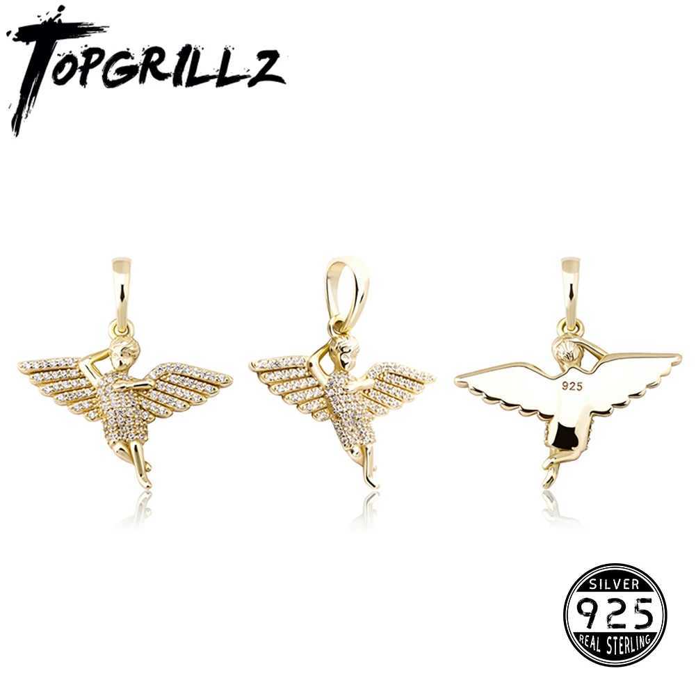 TOPGRILLZ 925 Sterling Silver ub Angel Wings Spread Pendant CZ Micro Pave Pendant In White/w Gold Hip Hop Jewelry Gift X250224