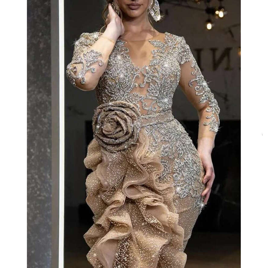 Plus Size Gold Sequins Mermaid Prom Dresses Long Sleeves Evening Gowns Off Shoulder Women Cheap High Split Formal Dress