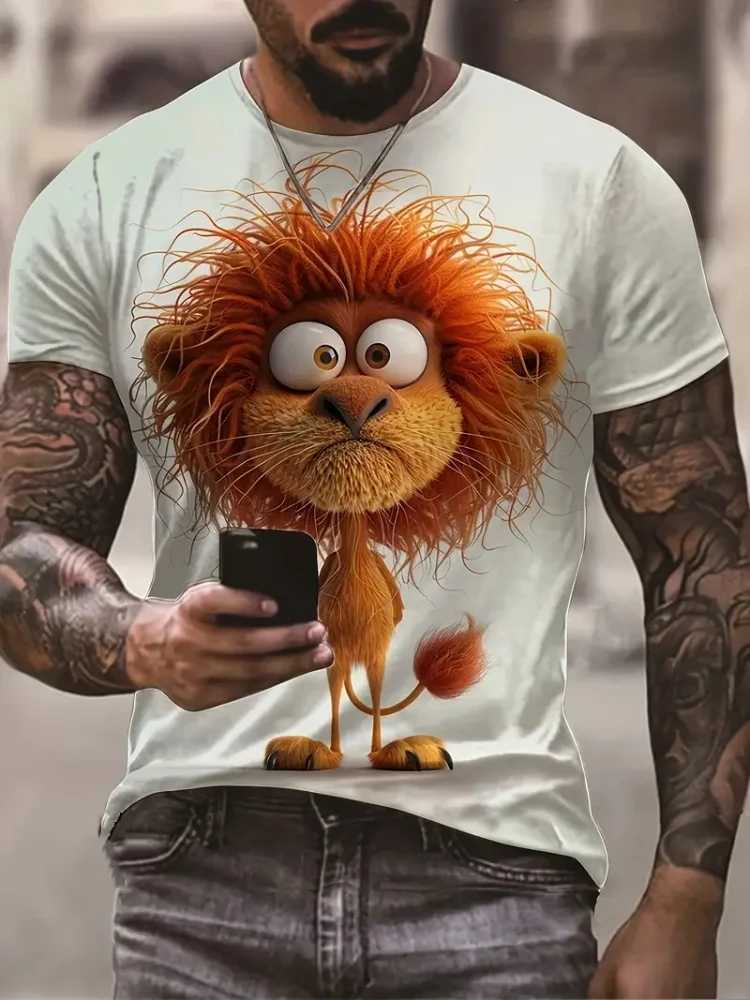 Interesting cartoon animal print mens fashionable short sleeved Harajuku street fashionable comfortable breathable mens T-shirt W250224