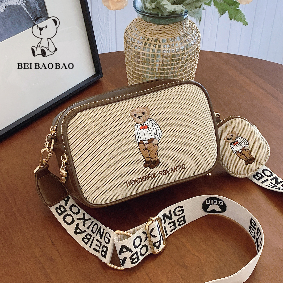 Women's Embroidered Canvas Small Square Bag with Wide Shoulder Strap - Crossbody Camera & Phone Tote with Cartoon Teddy Bear Design