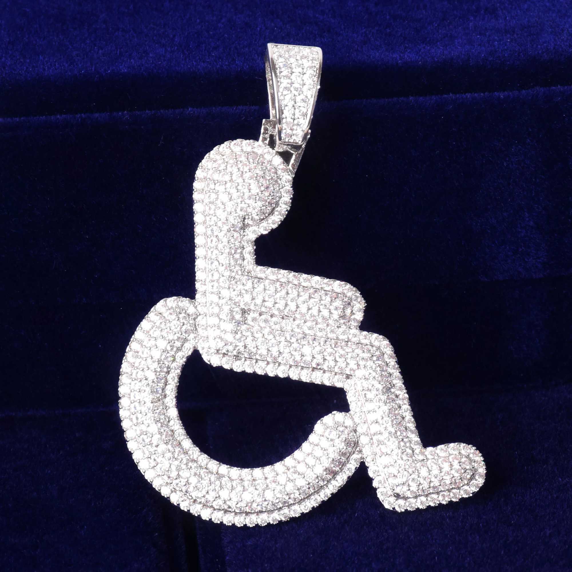Bubble Letter Wheelchair Handicap Sign Pendant Necklace Gold Color Charm Bling Cubic Zircon Mens Hip hop Rock Jewelry X250224