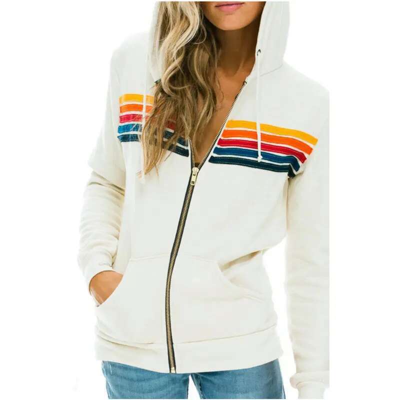 2024 Women's New Hooded Sweatshirts Casual Zipper 5 Stripe Rainbow Long Sleeve Jacket Coat