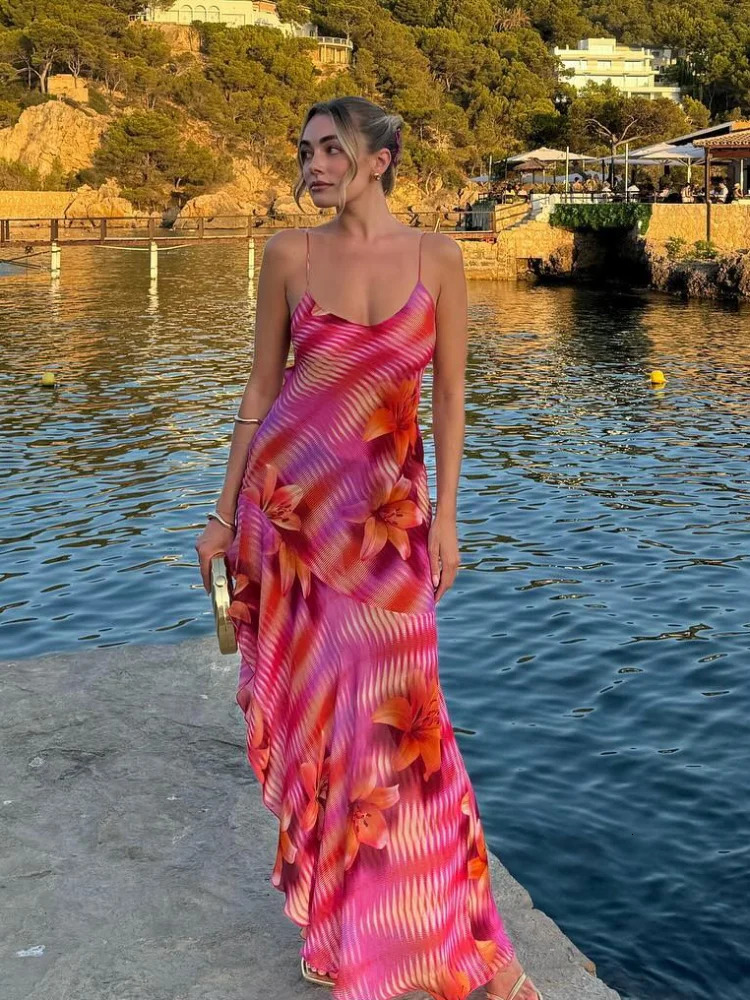 Summer Women Sexy Printed Flower V Neck Dress Fashion Sleeveless Backless Sling Midi Dresses Female Beach Vacation Robe 250222