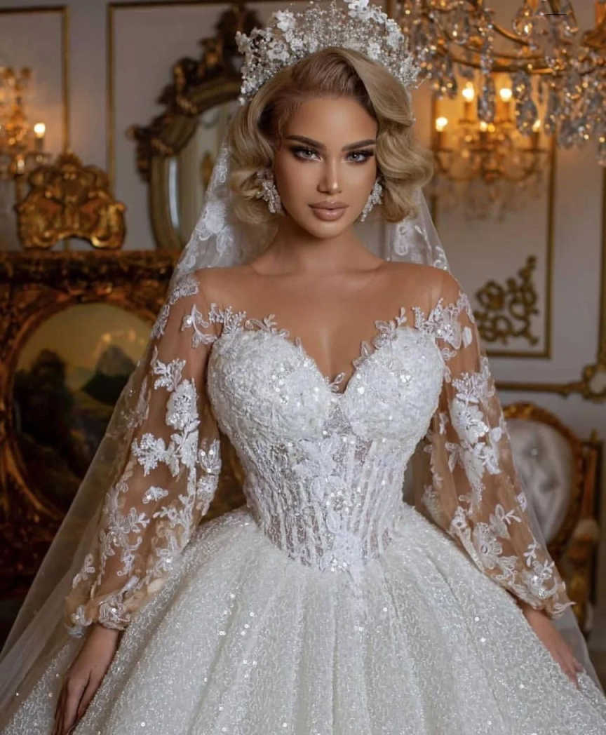 Princess A e Wedding Dresses Sheer Neck Lace Appliques Long Sleeve Bridal Gowns Illusion Sequined Bride Dress Customized
