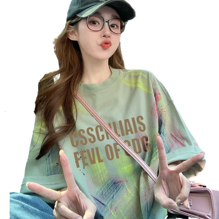 Minimalist style western-style letter graffiti pure cotton medium to long length t-shirt womens high-end colorful tie dye loose fitting meat cover top