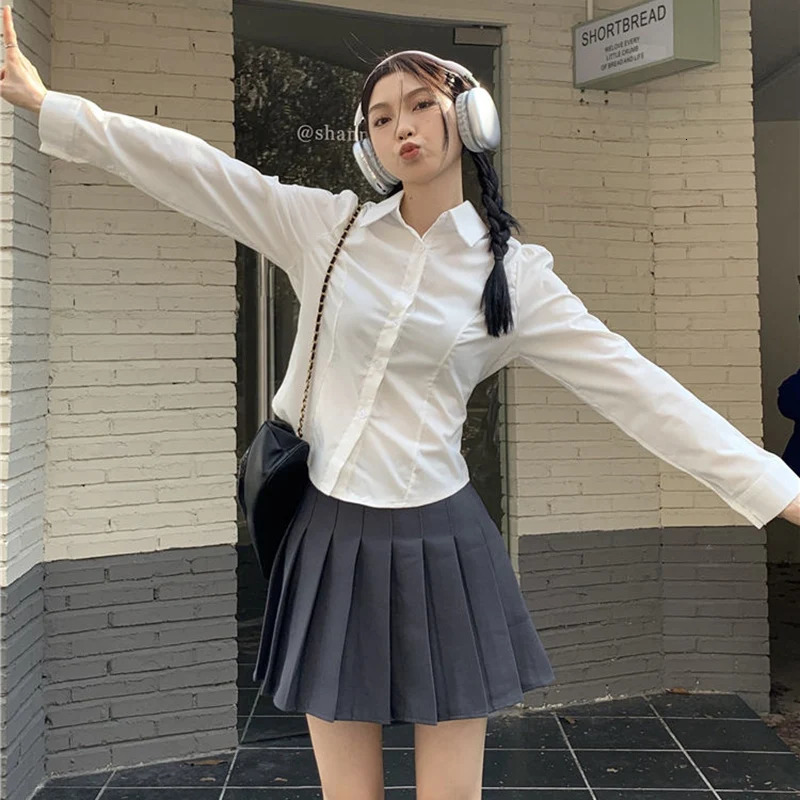 Rimocy College Style Y2K White Shirt Women 2025 Chic Long Sleeve Cropped Blouse Woman Korean Turndown Collar Slim Shirts Female 250224